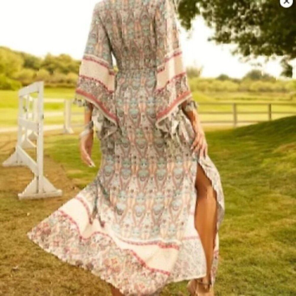 Bohemian Floral Print Woven Bell Sleeve Flounce Peasant Maxi Hippie Dress L - Picture 6 of 12